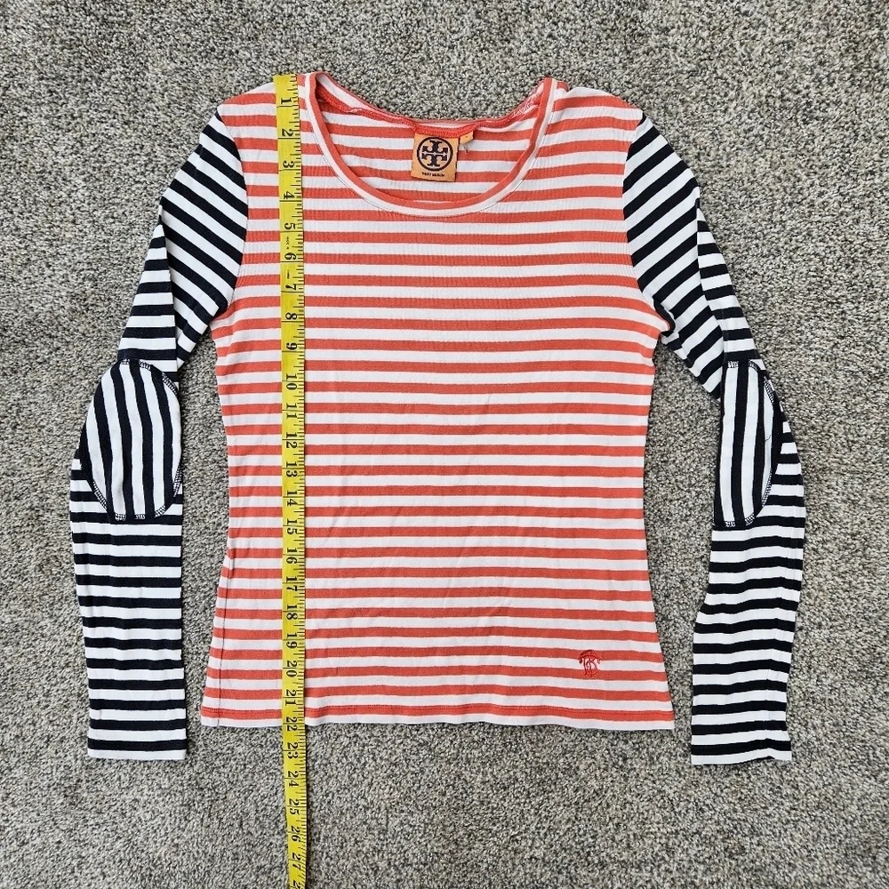 Tory Burch Multi Color Striped Long Sleeve Tee Shirt Peach White Navy Blue Small